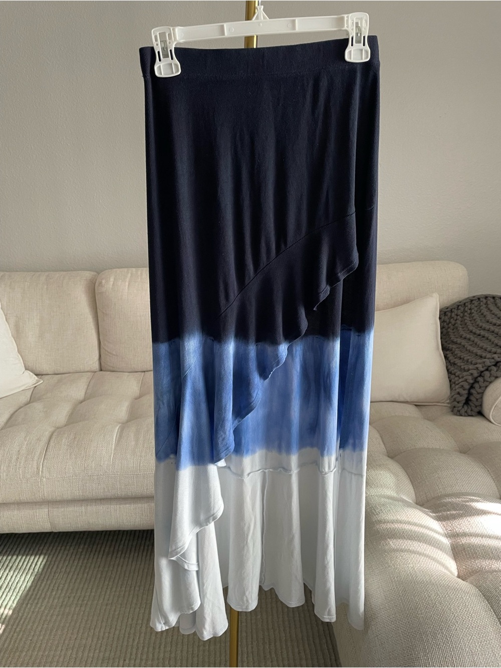 Go Couture Asymmetric Ruffled High-Low Open Front Maxi Skirt Blue Tie-Dye Ombré